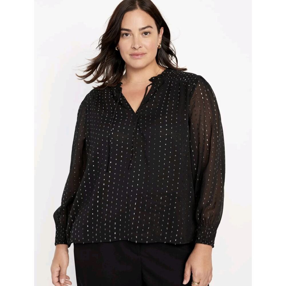 OLD NAVY Plus XXL Black Clip-Dot Shine Ruffle Trim Blouse Long Sleeve Top
